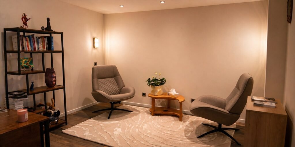 Cozy waiting area with two grey cushioned swivel chairs around a small round wooden table and a potted plant on top.
