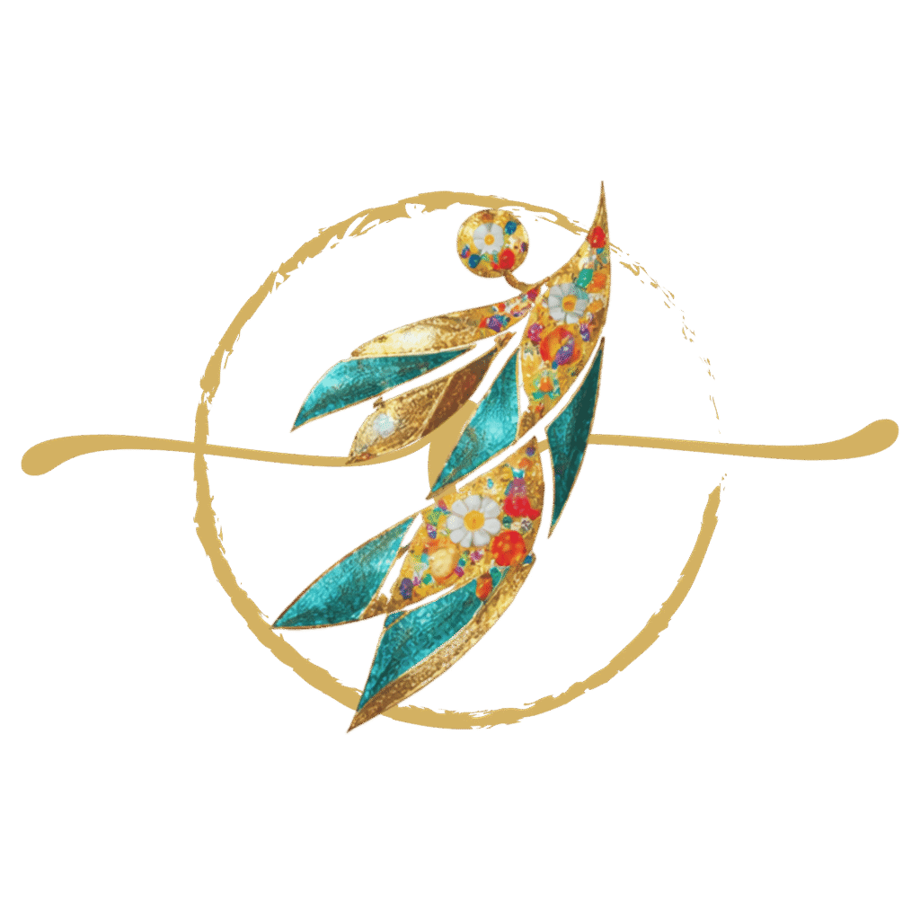 Decorative gold and turquoise mosaic fish curling against a green background.
